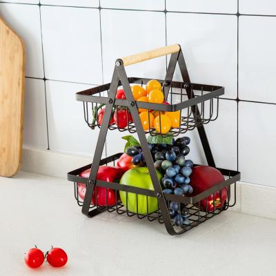 China Countertop Wood Handle Iron 2 Tier Wire Fruit Basket For Kitchen Organization for sale