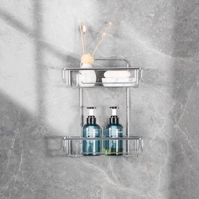 China Stainless Steel 2 Tier Bathroom Hanging Shower Shelf With Adhesive Magic Sticker for sale