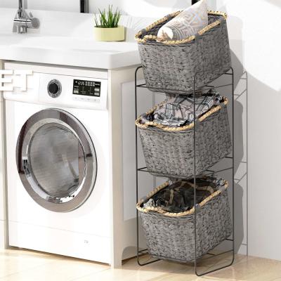 China 3 Tiers Japanese Bathroom Organizer Storage Rack With Woven Baskets for sale