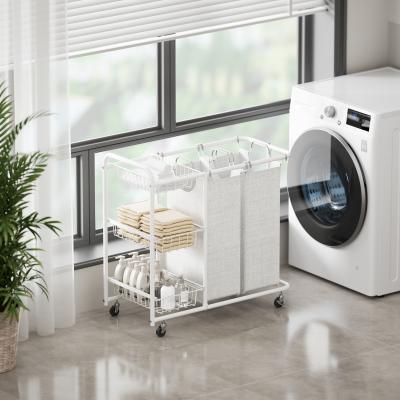 China KD Structure Iron Metal Wire Laundry Basket With Wheels Utility 2 Division Big Capacity Laundry Hamper for sale