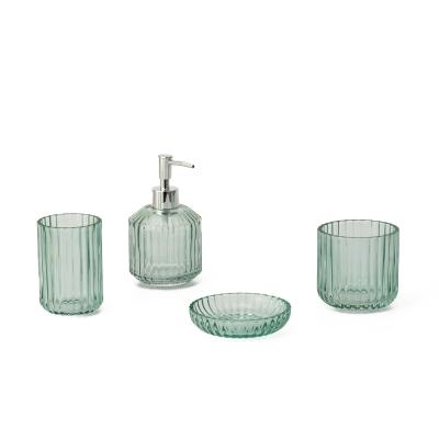 China Verticale streep Stijl Glas Zeep Foam Dispenser Tandborstel Houder Badkamer Accessoires Set Te koop