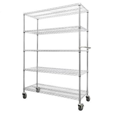 China Durable Heavy Duty Classic 5-Tier Steel Wire Grade Ultra Durable Commercial Shelving With Wheels Wire Mesh Display Shelve for sale