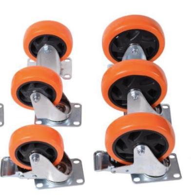 China swivel & 5 Inch Rigid Dish Caster Wheels 180kg Medium Duty Casters With Double Brake PU Orange Polyurethane Locking Casters for sale