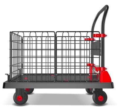 China 300KG Durable Enclosed Foldable Plastic Handtruck Handcart with Mesh Platform Trolley with Mesh Wire for sale