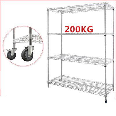 China Eco-friendly Plating Steel Rack Corrosion Protection Chrome Industrial Office Storage Sliding Grid Shelving 4 Layers Display Stand With Wheels for sale