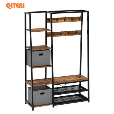 China Multifunctional Hall Tree with Side Storage Shelves, Entrance Hall Tree with Bench and Shoe Coat Racks and 2 Collapsible Cube Storage Bins for sale