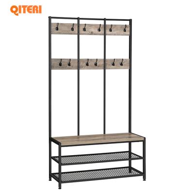 China Large Multifunctional Hallway Rack Coat Tree with 12 Hooks and Shoe Bench in Industrial Design Hall Tree Multifunctional Hallway Shelf for sale