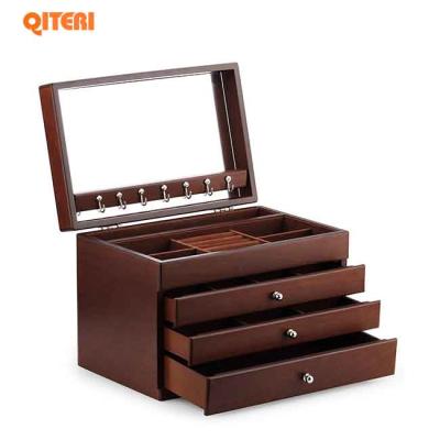 China Large Eco-Friendly Solid Wood Jewelry Organizer Box With 3 Drawers Storage Case Devices And Mirrors For Women Brown for sale