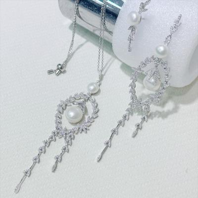 China Freshwater pearl Wholesale bulk fashion classic women's 925 sterling silver pearl long earring necklace set for sale