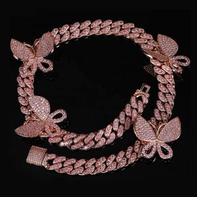 China Wholesale Fashion Hip Hop Jewelry Iced Out Diamond Rose Gold Cuban Link Chain Necklace Butterfly Choker Necklaces For Men And Women for sale