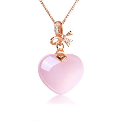 China Fashionable Elegant Jewelry Bridesmaid Necklace Rose Quartz Brass Heart Shaped Pink Opal Necklace for sale