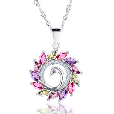 China Fashionable High Quality Silver Colorful Paved Zirconia Fork Setting Zircon Peacock Tourmaline Necklace for sale