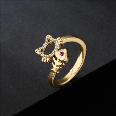 China Cute Opening Cat Rings Gold Plated Fashion Jewelry Cartoon Character Cute Opening Kitty Fish Cubic Zircon Finger Ring for sale