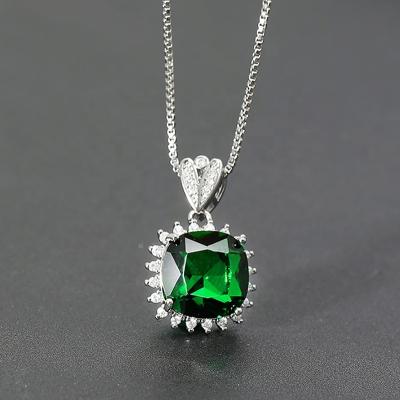 China Fashionable Women Brass Gemstone Necklace Luxury Gemstone Jewelry Green Fork Setting CZ Zirconia Emerald Pendant Necklace For Women for sale