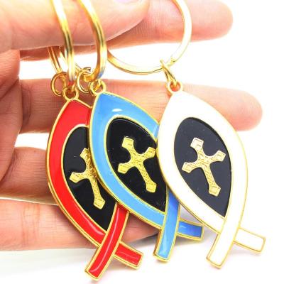 China Hot Fashion Jerusalem Religion Fish Shape Jesus Christian Keychain Rings Enamel Red Blue White Cross Key Chains for sale