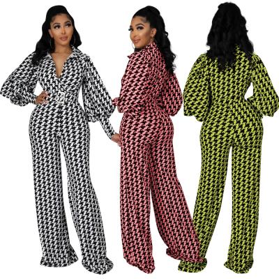 China 2022 New Arrival GX6627Y Lantern Blast Sleeve Anti-Static V-Neck Printed Wide Leg Overalls Women With Belt for sale