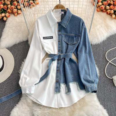 China Anti-pilling new arrivals GX01M12 with belt white shirt spliced ​​patchwork women jeans shirts denim shirt women blouse for sale