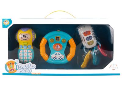 China ABS Plastic Kids Cartoon Music Phone and Hot Popular Beef Car and Wheel 3 Pieces Toy Sets with Light and Sounds for sale