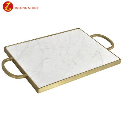 China Hotel Guest Room KitchenAccessories Luxury Wedding Decorative Marble Gold Plated Rectangle Food Coffee Bed Jewelry Serving Tray Moon Shape Tray for sale