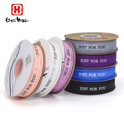 China High Quality High Tenacity Wholesale Craft Ribbon Screen Printed Just For You Satin Organza Edge Ribbon With Logo Ribbon For Gift Wrap for sale