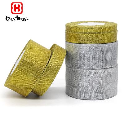 China Poly Stain High Tenacity Brand Ribbon Silver Gold Metallic Stain Roll In Stock Ribbon Good Quality For Gift Wrap for sale