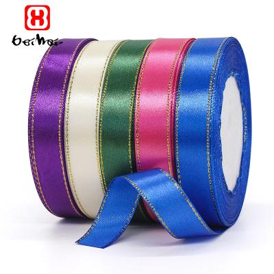 China High Tenacity Wrapping Ribbon Mixed Solid Colors Satin Ribbon100% Polyester Satin Ribbon With Gold Trim On Single Sides Double Faced for sale