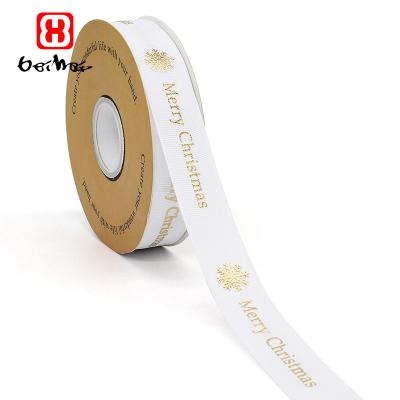 China High tenacity factory selling custom made simple white shiny ribbon Christmas gift gold foil grosgrain face custom logo for sale