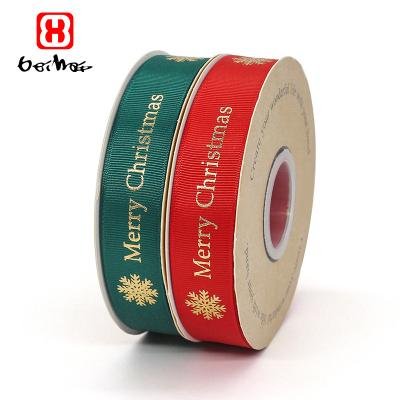 China High Tenacity Customized Christmas Ribbon with Logo Gold Foil Printed Grosgrain Ribbon for Christmas Gift Wrapping and Decoration for sale