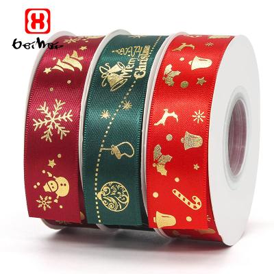 China Factory Direct Wholesale High Tenacity Christmas Pattern Printed Ribbon Customized Customized Christmas Gold Foil Printing Gift Ribbon for sale