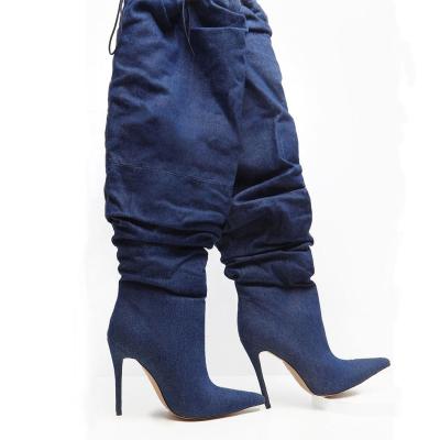 China New custom made stiletto heels Anti-slippery pleated denim boots plus-size knee high boots shoes for sale