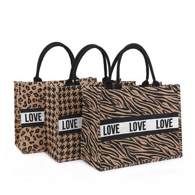 China Hot Sale Custom Animal Handled Pattern Leopard Zebra Burlap Jute Tote Shopping Bag With Printed Logo for sale