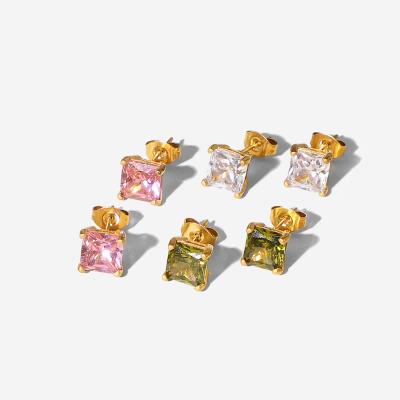 China CLASSIC Fashion Gold Plated Stainless Steel Jewelry Colorful Zircon Square Stud Earrings For Women for sale