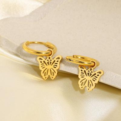 China TRENDY Hot Selling 18k Gold Stainless Steel Butterfly Huggie Earrings Statement Butterfly Drop Dangle Circle Earrings Women for sale