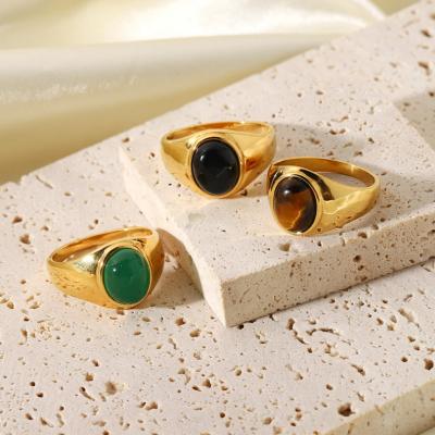 China Trendy Mixed Statement Rings Wholesale Stainless Steel Bohemian Oval Jewelry Tiger Eye Stone Obsidian Rings for sale