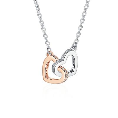 China CLASSIC 925 Silver Heart Zircon Necklace Women Double Shape Two Tone Double Heart Necklace For Jewelry Gift for sale