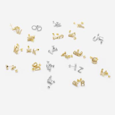 China Trendy Simple Fashion 18K Gold Plated Women's Jewelry Pave CZ Diamond Small 26 Alphabet Initial Letter Stud Earrings for sale