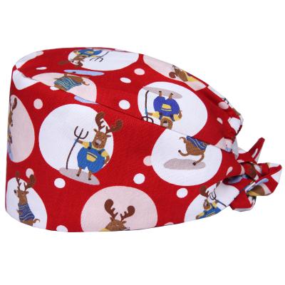 China Soft Inner Front Cotton Headband Scrub Hat For Nurses Scrubs Caps Doctor Medical Surgical Hat Christmas Reindeer Pattern Unisex 100% Cotton for sale