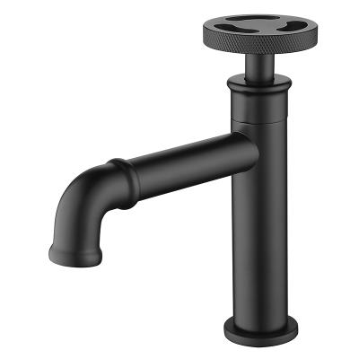 China Modern Mixer Taps F01S90MBRTS Industrial Design Black Metered Round Wheel Handle Basin Faucet for sale