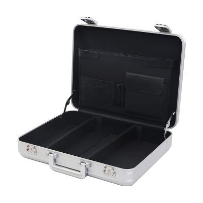 China 14.5X10.6X4.5 Inch Small Metal Briefcase Tool Box Aluminum Cash Box Durable Key Lock 14 Inch Notebook Briefcase Travel Short Term Case for sale