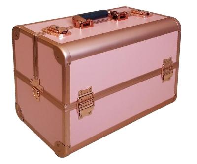 China Durable Rose Gold Makeup Case With Slide Trays Professional Cosmetic Makeup Case With Lockable Travel Makeup Master Box for sale