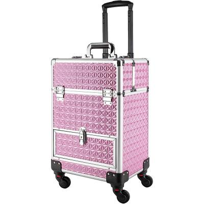 China Fashionable Durable Rolling Train Case With Drawers Makeup Rolling Cosmetic Organizer Makeup Traveling Case Makeup Trolley for sale