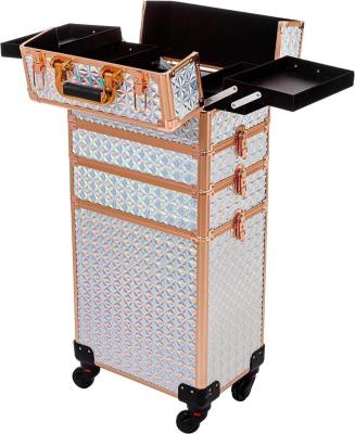 China White and Gold Fashionable Durable Professional Aluminum Rolling Trolley Makeup Case Cosmetic Case Makeup Case Train with Swivel Wheels for sale