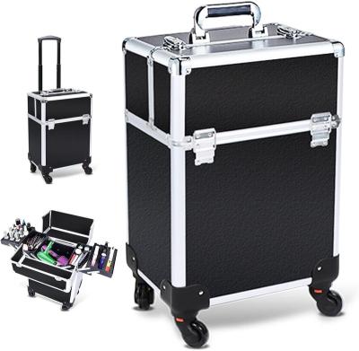 China Fashionable Durable Portable Cosmetology Case On Wheels With Locks Large Cosmetic Organizer Professional Makeup Box Nail Tech Storage for sale