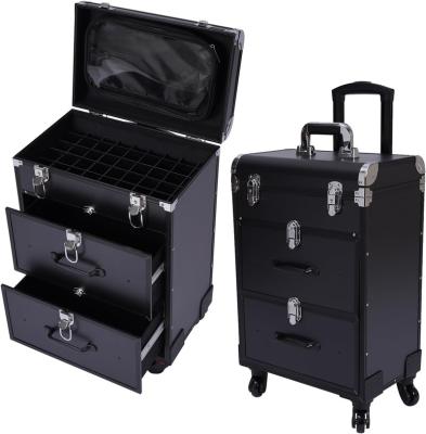 China Fashionable Durable Aluminum Makeup Rolling Case With Drawers Travel Cosmetic Suitcase With Wheels Trolley Beauty Box For Beauty Salon for sale