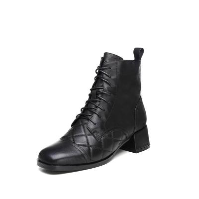 China Women Round Ankle Boots Genuine Leather Boots Women Fashion Platform Thick Bottom Lace Up Female Booties for sale