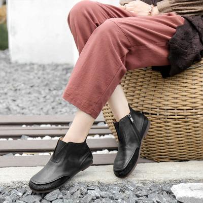 China Women's Ankle Boots Round Around Toe Low Heel Solid Color Ladies Reject Retro PU Leather Chelsea Boots Women for sale