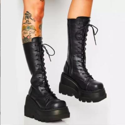 China Lady Round Punk Thigh High Platform Boots Buckle Wedges Women Thick Bottom Boots Street Shoes Elegant Cool Woman for sale