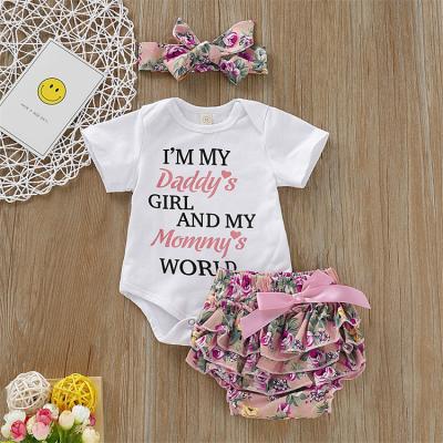 China Lovely Summer Shorts Sleeve Ruffle Romper Tops Letter Print Shorts Infant 3Pcs Outfits Newborn Baby Clothes Set With Headband for sale