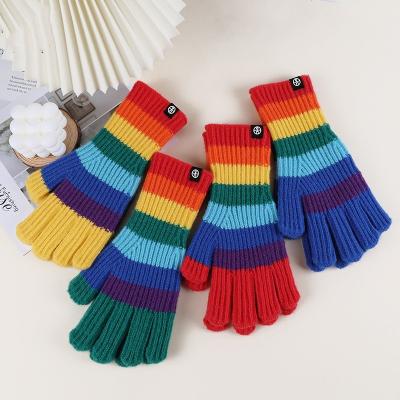 China Winter Rainbow Winter Touch Screen Gloves Warm Striped Fleece Knit Gloves For Women Men for sale