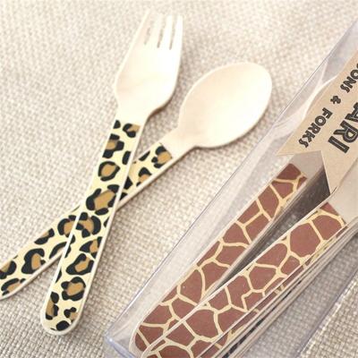 China 100% Custom Logo Birch Wood Handle Wooden Spoon and Fork Ice Cream Cutlery Set Disposable Safety Hygiene For Party for sale